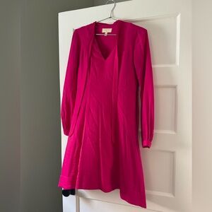 MOULINETTE SEOURS Fuchsia Magenta Long Sleeve Bow Necktie Dress EUC
